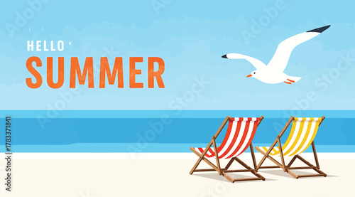 A serene beach scene with two empty deck chairs on the sand, a seagull flying in the clear blue sky, and the words hello summer in bold orange letters, evoking a perfect vacation