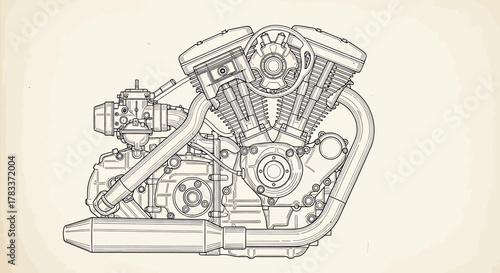Technical illustration of a motorcycle engine, showcasing its intricate internal components and design.