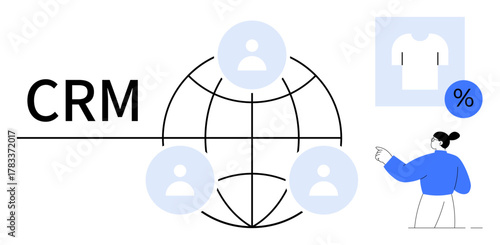 CRM text next to a global network with user icons, a clothing item, discount percentage sign, and a person pointing. Ideal for customer management, sales, marketing, e-commerce, networking loyalty