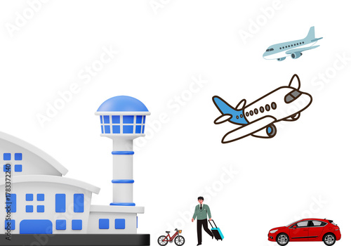 Modern international airport terminal interior with airplanes