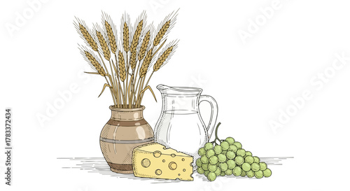 Vector illustration of still life of wheat, cheese, milk, and grapes