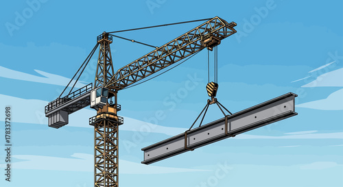 A construction crane lifting a large steel beam against a blue sky background.