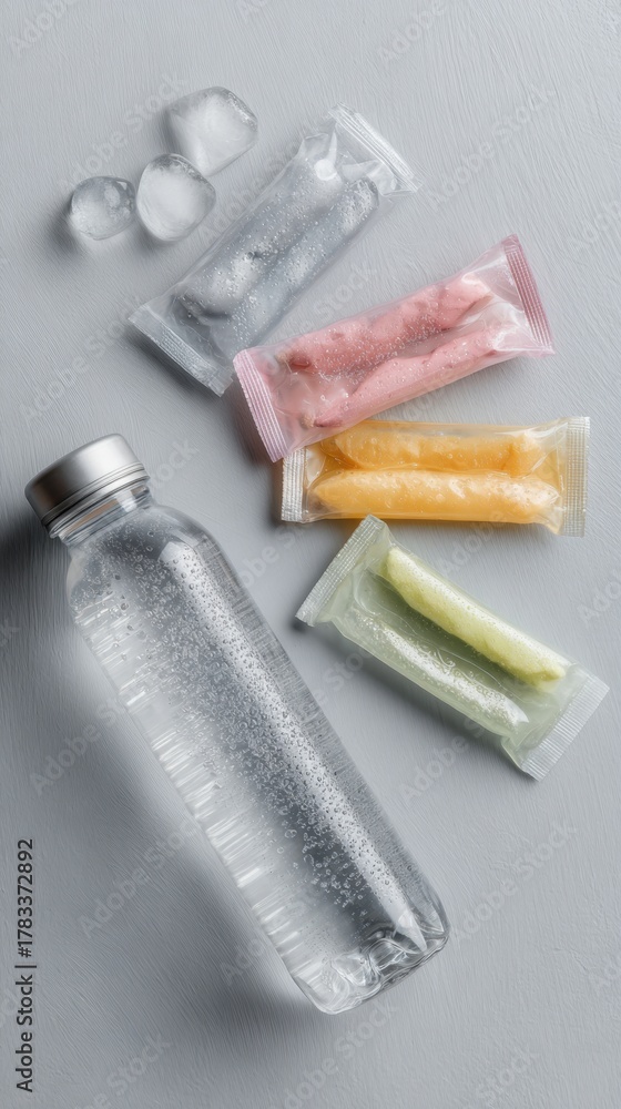Naklejka premium Assorted frozen popsicles and chilled water bottle with ice cubes on gray background