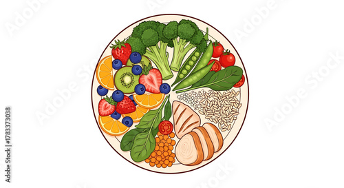 A vibrant and healthy meal bowl featuring grilled chicken, quinoa, fresh fruits, and assorted vegetables, presented on a white background.