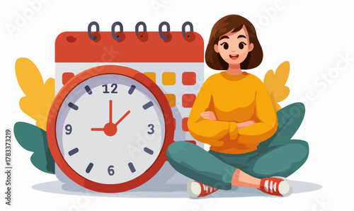 Uśmiechnięta kobieta w ilustracji wektorowej z kalendarzem i zegarem, przedstawiająca koncepcję organizacji i terminowego realizowania obowiązków.