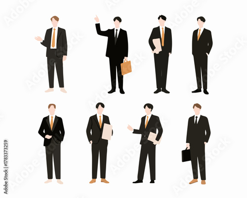 Wektorowy zestaw eleganckich mężczyzn w garniturach, prezentujących profesjonalne gesty i postawy, idealny do materiałów korporacyjnych i reklamowych.