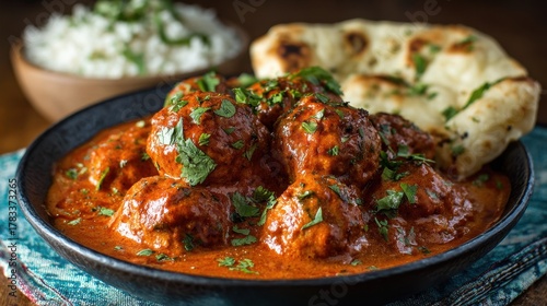 Delicious indian meatballs with rich curry and naan bread