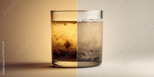 Comparison of clean and dirty water in a glass half-split image
