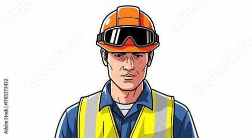 Vector illustration of a male construction worker wearing a hard hat, safety goggles, and a high-visibility vest.