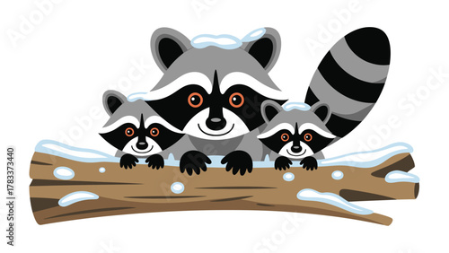 Family Raccoon on Tree Branch: A charming illustration depicts a heartwarming family of raccoons perched on a snow-dusted tree branch, presenting a sense of unity and familial bond.