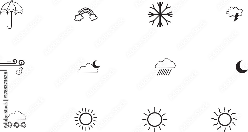 Fototapeta premium Hand Drawn Doodle Weather Forecast Icon Set including Sun, Rain, Snow, and Wind