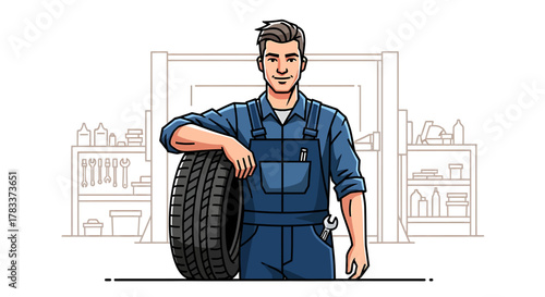 A mechanic in blue overalls leans on a tire, smiling in a garage setting.