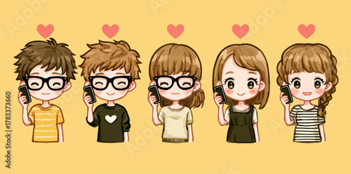 Urocza ilustracja przedstawiająca grupę młodych ludzi w okularach, rozmawiających przez telefony komórkowe z sercami symbolizującymi połączenie.