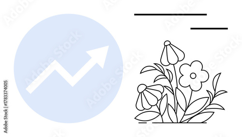 Upward trajectory arrow in blue circle paired with outlined blooming flowers. Ideal for growth, development, success, nature, progress, sustainability, eco-friendly themes. Simple flat metaphor