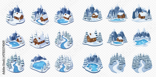 Isometric winter landscapes with snow-covered cabins, pine trees, mountains, and frozen lakes, illustrating cozy winter scenes.