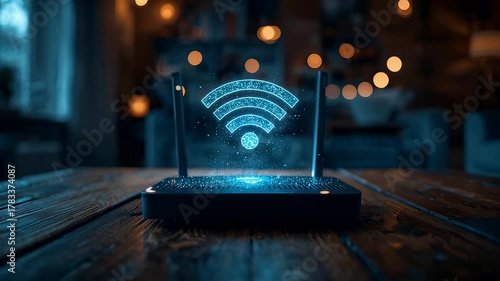 Glowing Wi-Fi Router Emitting Bright Blue Signal Waves on Wooden Table with Bokeh Lights