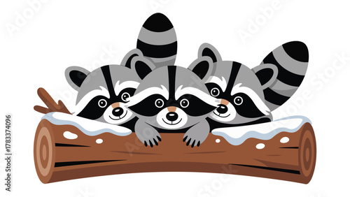 Curious Raccoons: A close-up illustration of a playful group of raccoons peek over a log, their distinctive masks and fluffy tails adding a touch of wilderness charm. 