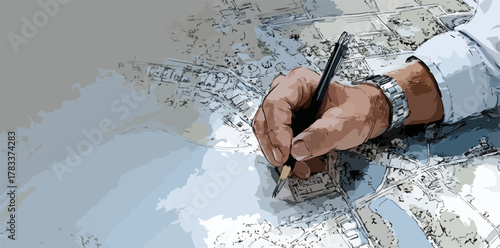 Rysowanie ręczne szczegółowego planu miasta ołówkiem, skupienie na procesie projektowania.