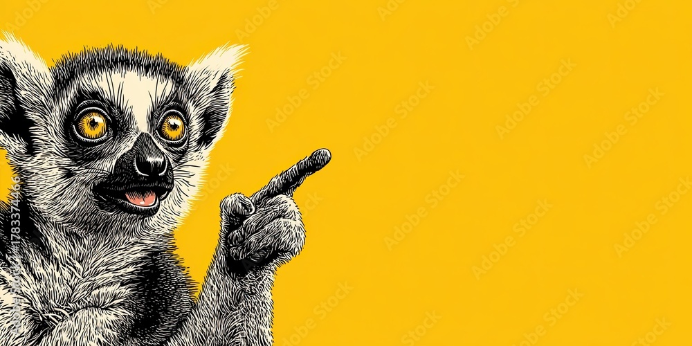 Obraz premium Lemur smiling, pointing finger to the side. Space for text. Solid color background. Cartoon look.