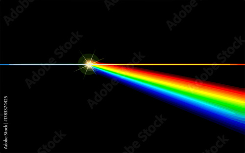 Rozszczepienie światła białego na spektrum kolorów przez pryzmat, ilustracja naukowa.