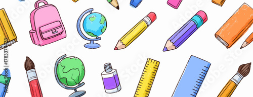 Kolorowy wzór z artykułami szkolnymi, idealny do projektów edukacyjnych i kreatywnych.