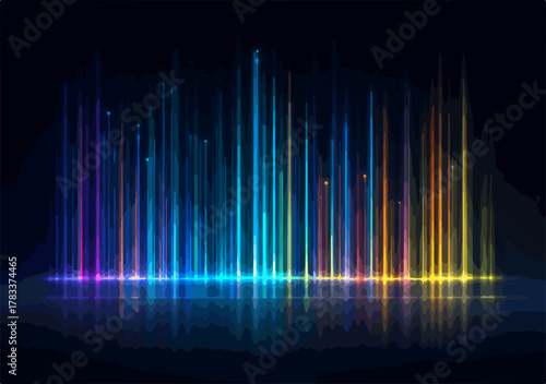 Kolorowe pionowe linie światła odbijające się w wodzie na ciemnym tle, abstrakcyjna grafika wektorowa.