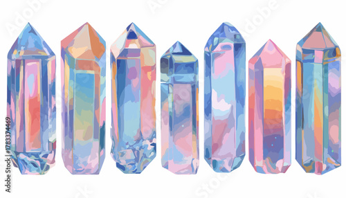 Kryształy kwarcowe o wielokolorowym, opalizującym połysku, ilustracja wektorowa.