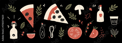 Wektorowa ilustracja pizzy, pomidorów, grzybów i butelek na czarnym tle, idealna do menu.