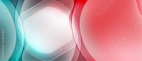 Abstract fluid shapes blend, creating vibrant color gradient. Blue transitions to white then red. Smooth curves dominate composition.