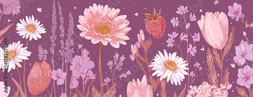 Wektorowa ilustracja pastelowych kwiatów i truskawek na fioletowym tle, tworząca wiosenną kompozycję.