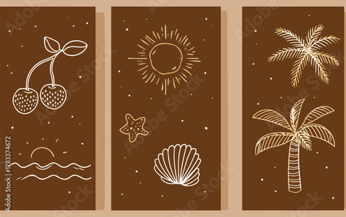 Letnia ilustracja wektorowa z motywami owoców, słońca, morza i palm na brązowym tle.