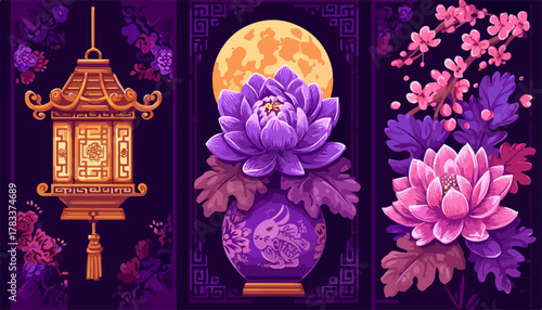 Trzy panele z motywami azjatyckimi: latarnia, lotos i kwitnąca wiśnia na ciemnym tle.