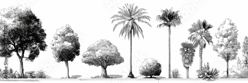 Ilustracja wektorowa różnych drzew i roślin tropikalnych w monochromatycznym stylu.