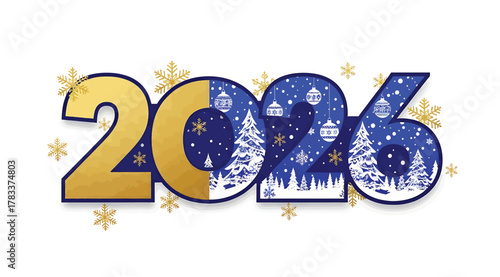Happy new year 2026 text with a winter forest scene inside the numbers and snowflakes