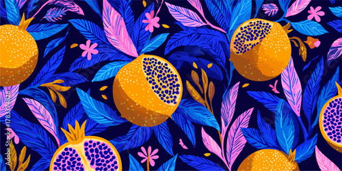 Wektorowy wzór z dojrzałymi granatami i liśćmi w żywych, kontrastowych kolorach na ciemnym tle.