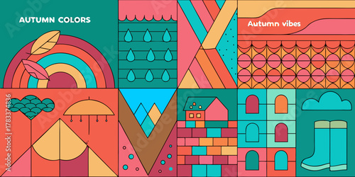 Abstract autumn collage featuring leaves rainbow raindrops mountains house and boots in warm colors