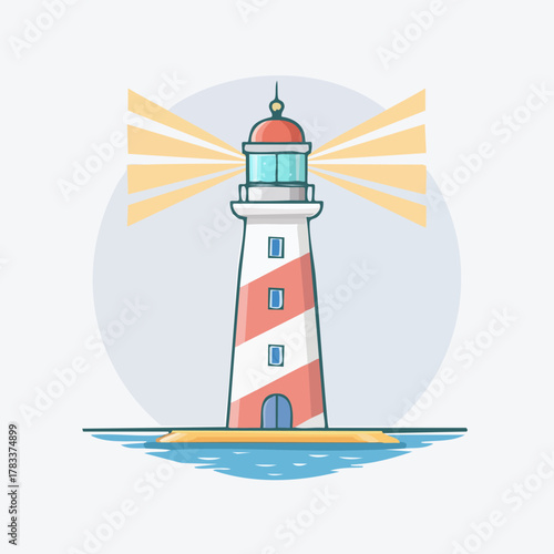 Illustration of a lighthouse emitting light beams.