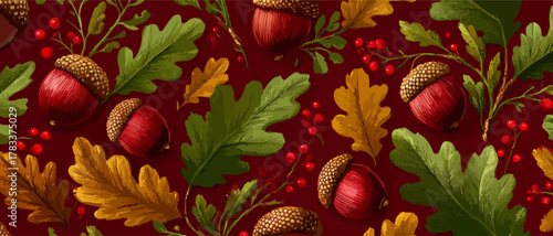 Jesienny wzór z żołędziami i liśćmi dębu na ciemnoczerwonym tle, idealny do dekoracji.