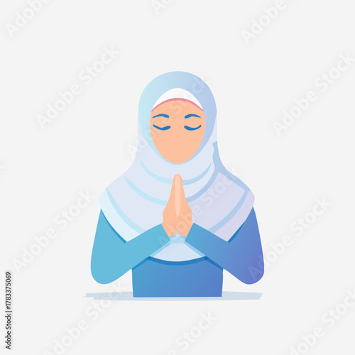 Illustration of a woman in a headscarf in prayer.