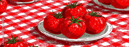 Świeże, dojrzałe pomidory na talerzu na tle czerwono-białej kraty, idealne do kulinarnych inspiracji.