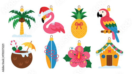 Festive Ornaments for the Holiday: A delightful collection of holiday-themed ornaments, each capturing a unique and joyful essence of Christmas, summer, and the tropical spirit.