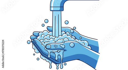 An illustration of a person washing their hands with soap and water from a running faucet, promoting hygiene.