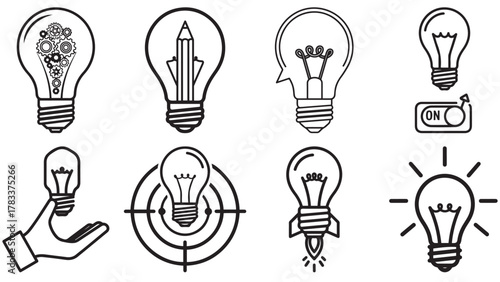 Idea And Innovation Black Vector Icons Sheet — Lightbulb Concepts, Creative Sparks And Problem-Solving Symbols For Business Pitch Decks