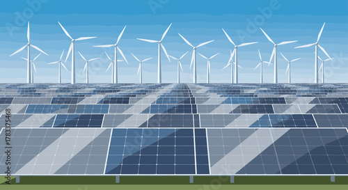 A large field of solar panels and wind turbines generating clean, renewable energy under a blue sky.