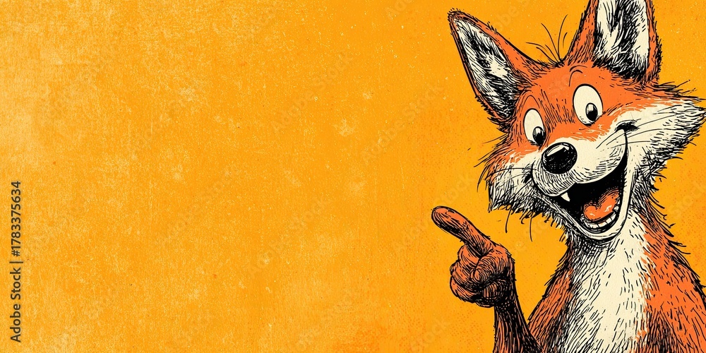 Obraz premium The fox is smiling and pointing his finger to the side. Space for text. Solid color background. Cartoon look.