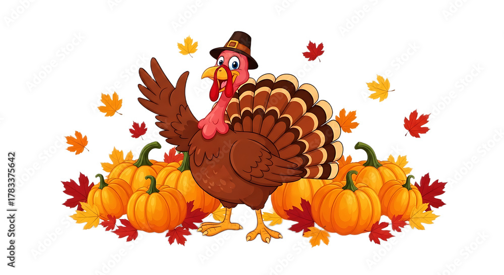 Obraz premium Cartoon turkey with pilgrim hat surrounded by pumpkins and autumn leaves on a black background