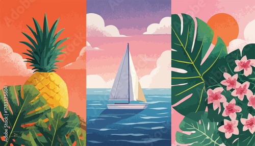 Wektorowa, tropikalna kompozycja z ananasem, żaglówką i egzotycznymi liśćmi w letnich barwach.