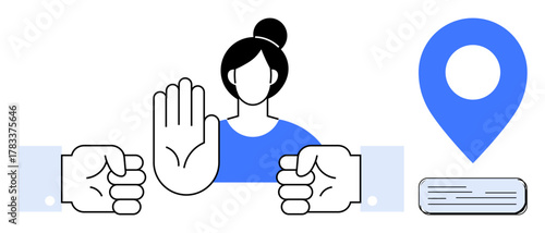 Woman raises hand in a stop gesture between two fists, representing conflict resolution, boundaries, and negotiation. Ideal for conflict management, boundaries, leadership, self-control, teamwork