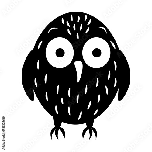 Black cartoon owl with bright eyes,  sharp beak and white feathers. Looking at  camera. Night bird. Fauna. One animal isolated on  white background. Environment. Wildlife.