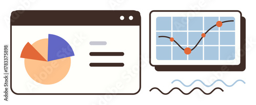 Pie chart, line graph with plotted points, and interface elements represent analytics, growth, and performance tracking. Ideal for business report, financial analysis, data review, and trends